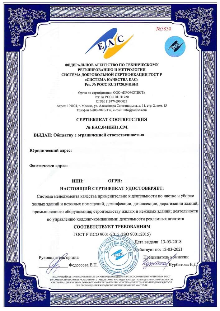 Пример сертификата ИСО